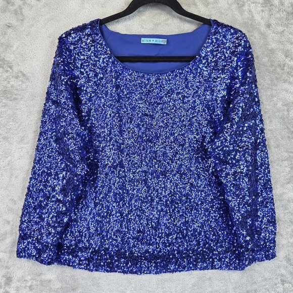 alice + olivia Shirt Womens Small Blue Sequin Silk Long Sleeve Top Party Dressy